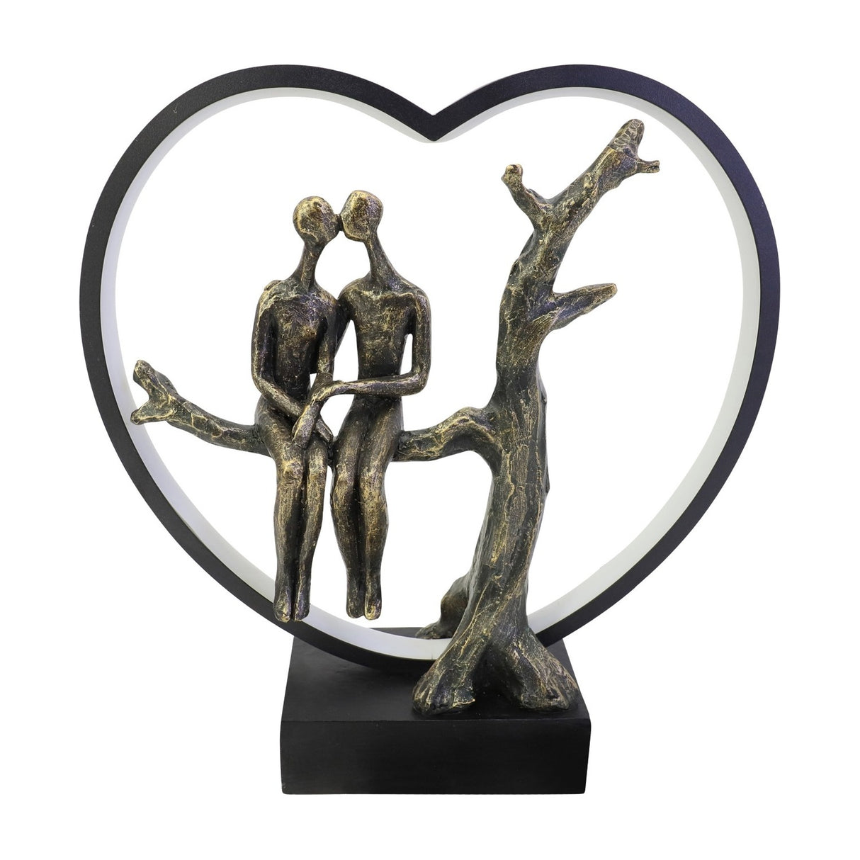 Libra Interiors Antique Bronze Couple LED lighting accessory with resin figures seated by a tree inside a black heart frame on a square base.