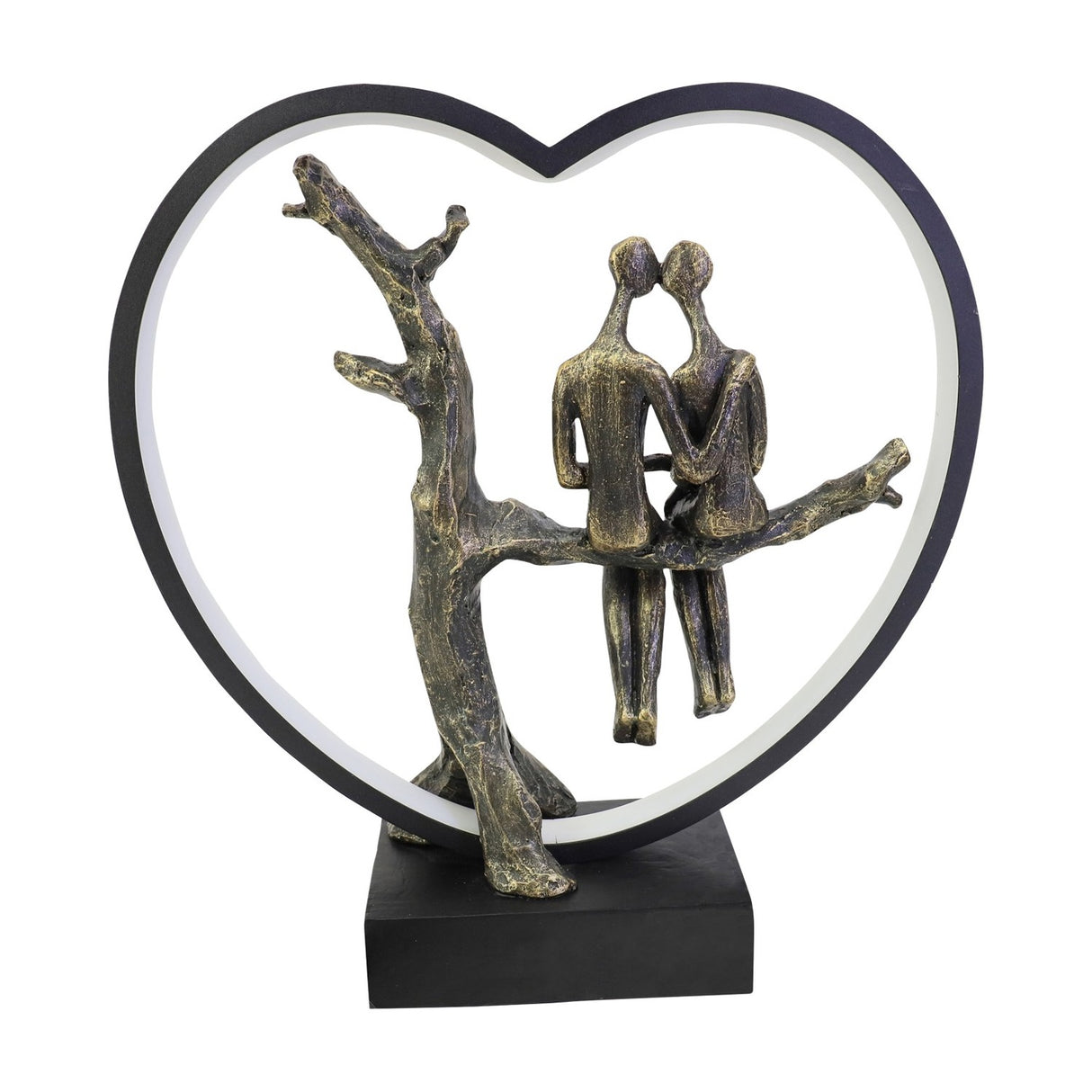 Libra Interiors Antique Bronze Couple LED lighting accessory with resin figures seated on a branch inside a black heart frame on a square base.
