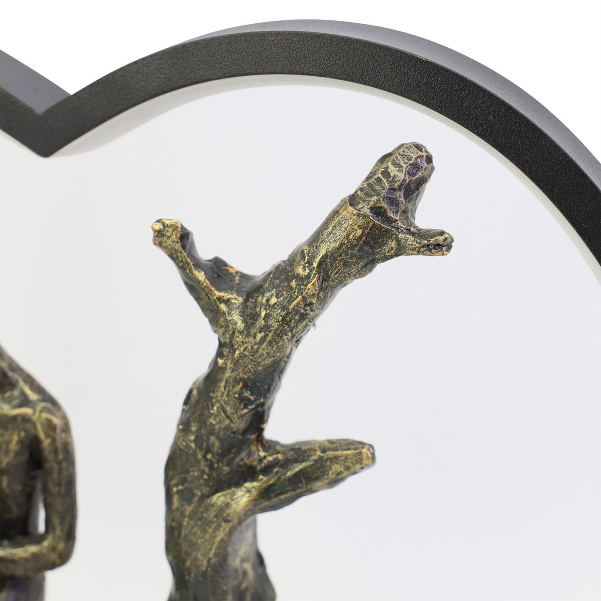 Close-up of Libra Interiors Antique Bronze Couple LED Lighting Accessory showing the resin tree branch detail and slim matt black heart frame.