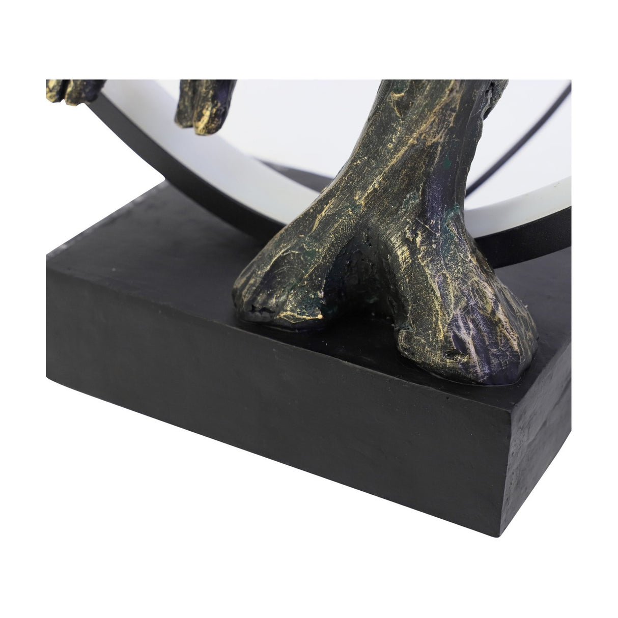 Close-up of the Libra Interiors Antique Bronze Couple LED lighting accessory base, showing textured resin feet on a matt black plinth with heart frame edge.