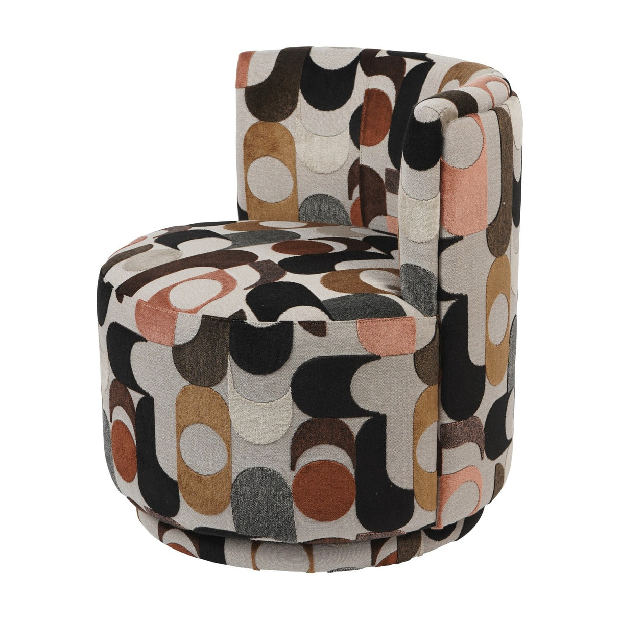 Libra Interiors Patterned Velvet Swivel Armchair in multicoloured retro geometric print with ochre, blush, black and cream tones, on a white background.