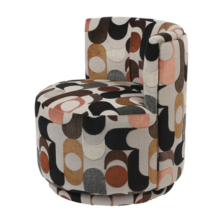 Libra Interiors Patterned Velvet Swivel Armchair in multicoloured retro geometric print with ochre, blush, black and cream tones, on a white background.