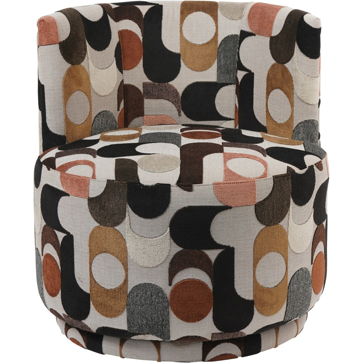 Libra Interiors Patterned Velvet Swivel Armchair in multicoloured retro geometric print with ochre, blush, black and cream tones on a plain background.