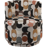 Libra Interiors Patterned Velvet Swivel Armchair in multicoloured retro geometric print with ochre, blush, black and cream tones on a plain background.