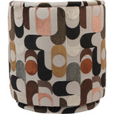 Libra Interiors Patterned Velvet Swivel Armchair in a retro geometric print with blush, ochre, espresso and neutral tones on a plain background.