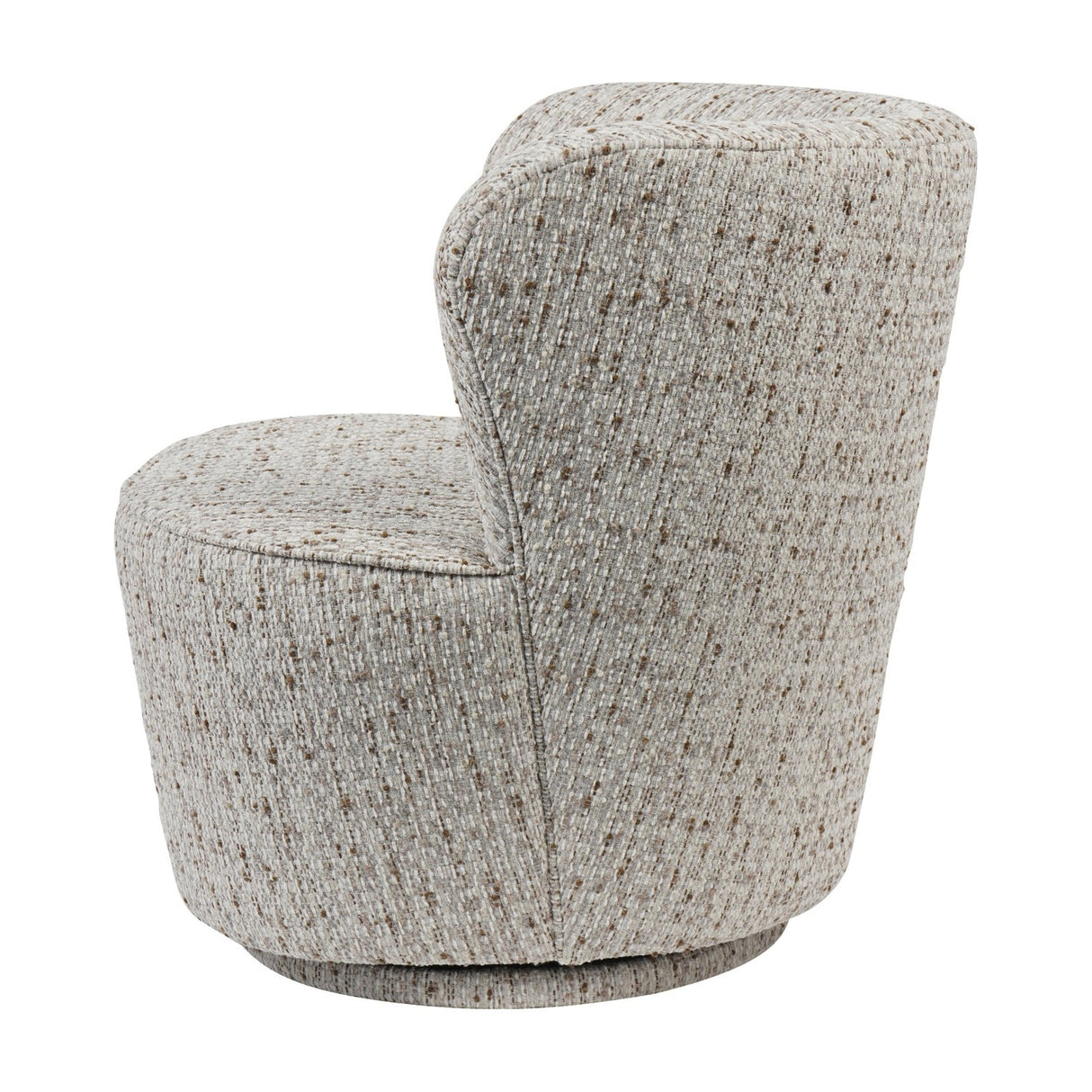 Libra Interiors Textured Swivel Fabric Armchair in natural flecked ivory, sand and almond weave, rear angle view showing rounded silhouette and swivel base.