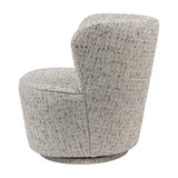 Libra Interiors Textured Swivel Fabric Armchair in natural flecked ivory, sand and almond weave, rear angle view showing rounded silhouette and swivel base.