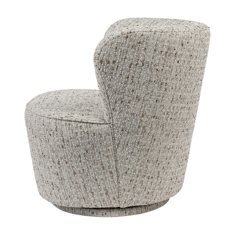 Libra Interiors Textured Swivel Fabric Armchair in natural flecked ivory, sand and almond weave, rear angle view showing rounded silhouette and swivel base.
