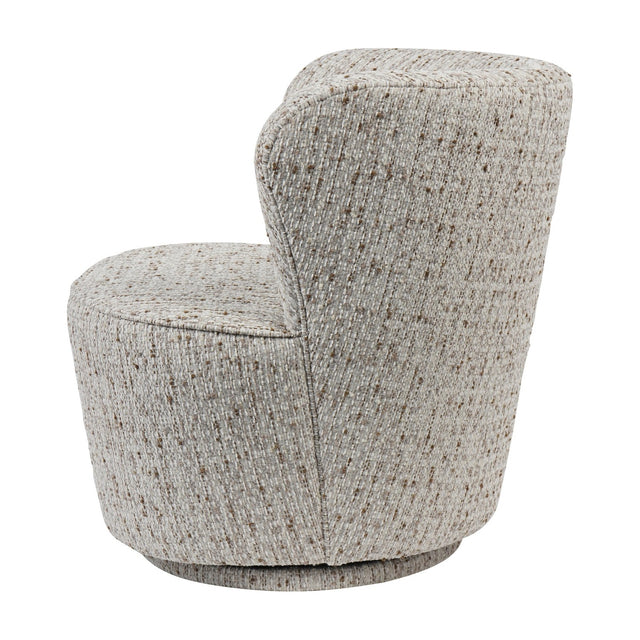 Libra Interiors Textured Swivel Fabric Armchair in natural flecked ivory, sand and almond weave, rear angle view showing rounded silhouette and swivel base.