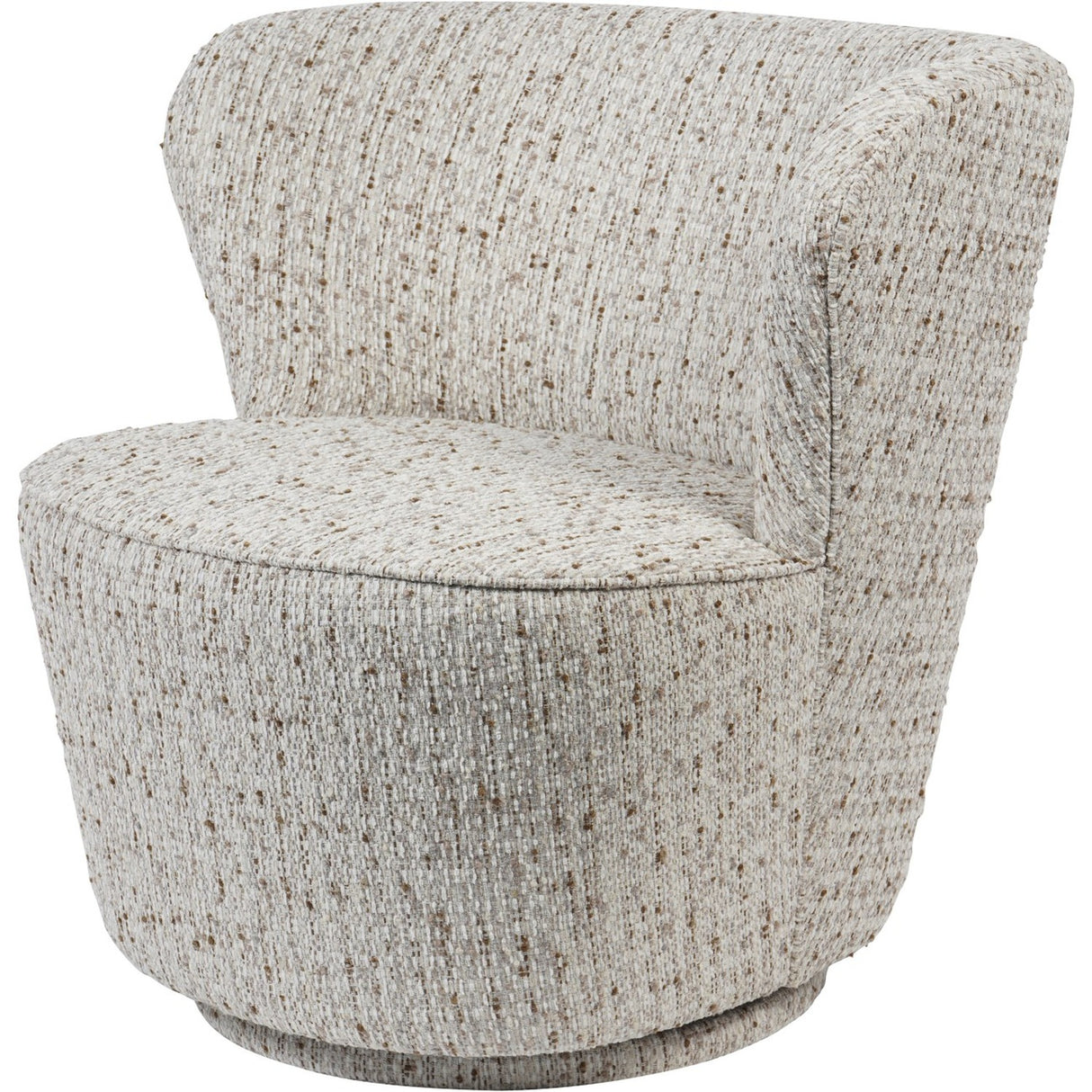 Libra Interiors Textured Swivel Fabric Armchair in natural flecked ivory, sand and almond weave with rounded low back and swivel base.