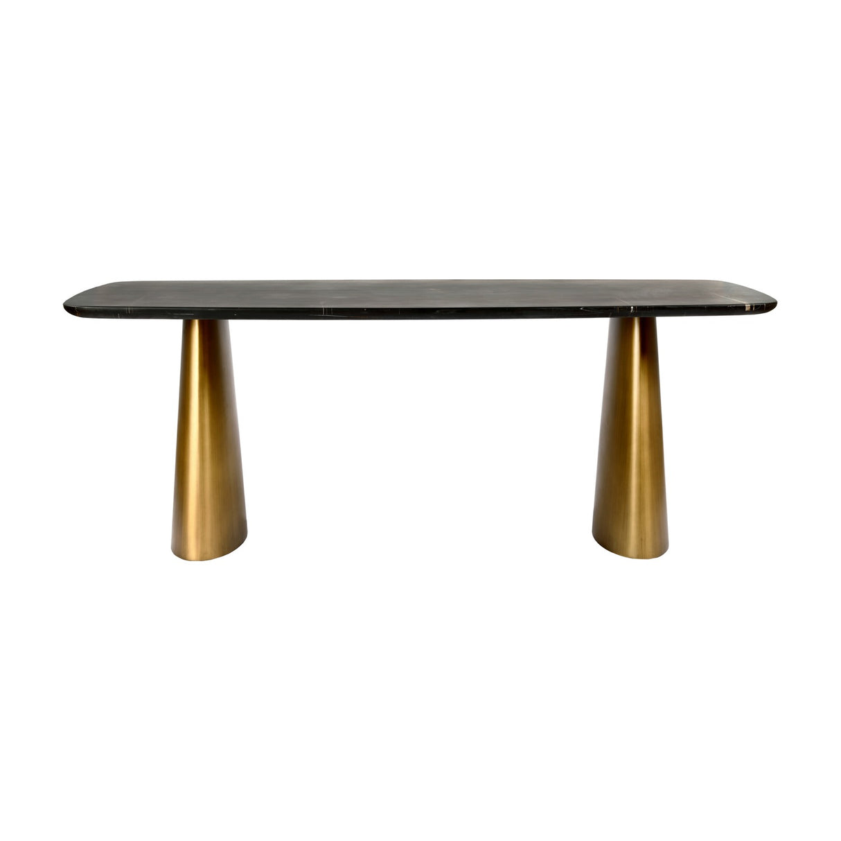 Libra Interiors Black Marble & Brass Twin-Pedestal Dining Table with softened rectangular veined marble top on two brass-toned cone bases, on white.