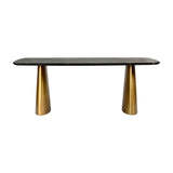 Libra Interiors Black Marble & Brass Twin-Pedestal Dining Table with softened rectangular veined marble top on two brass-toned cone bases, on white.