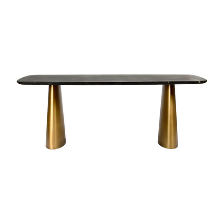 Libra Interiors Black Marble & Brass Twin-Pedestal Dining Table with softened rectangular veined marble top on two brass-toned cone bases, on white.