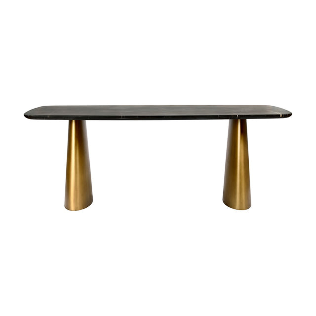 Libra Interiors Black Marble & Brass Twin-Pedestal Dining Table with softened rectangular veined marble top on two brass-toned cone bases, on white.