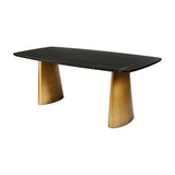 Libra Interiors Black Marble & Brass Twin-Pedestal Dining Table with a softened rectangular marble top on two brass-toned cone bases, on a white background.