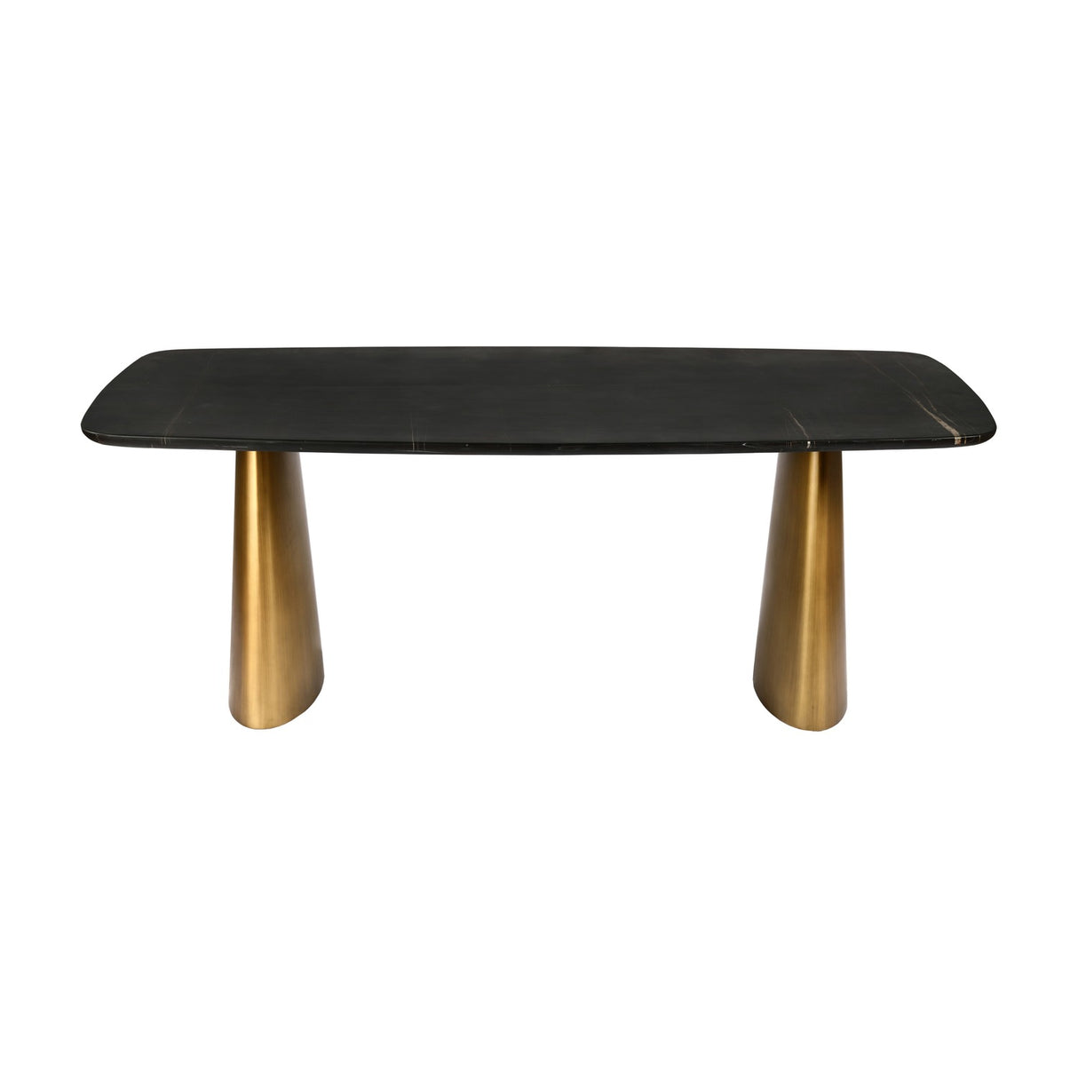 Libra Interiors Black Marble & Brass Twin-Pedestal Dining Table with softened rectangular black marble top on two brass-toned cone bases.