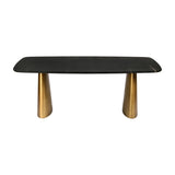 Libra Interiors Black Marble & Brass Twin-Pedestal Dining Table with softened rectangular black marble top on two brass-toned cone bases.