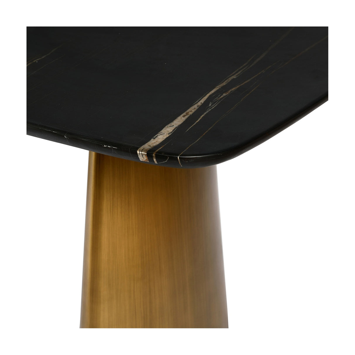 Close-up of Libra Interiors Black Marble & Brass Twin-Pedestal Dining Table showing the veined marble edge and brass-toned conical base.