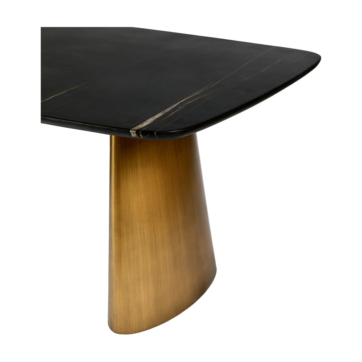 Libra Interiors Black Marble & Brass Twin-Pedestal Dining Table shown in close-up with veined black marble top and sculptural brass-toned cone base.