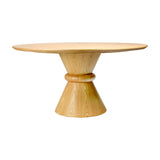 Libra Interiors Round Oak Veneer Pedestal Dining Table in natural finish, with a circular top on a double-cone base joined by a rounded central ring.