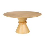 Libra Interiors Round Oak Veneer Pedestal Dining Table in natural brown, with a circular top on a twin-cone base joined by a rounded ring.