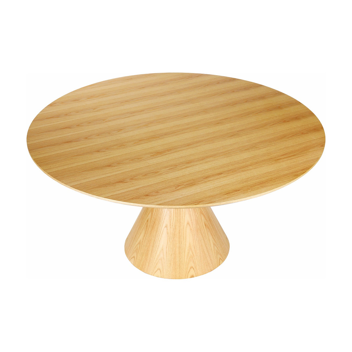 Libra Interiors Round Oak Veneer Pedestal Dining Table in natural finish, with a circular top on a conical wood base, shown on a white background.