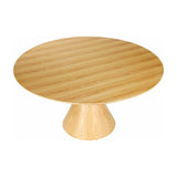 Libra Interiors Round Oak Veneer Pedestal Dining Table in natural finish, with a circular top on a conical wood base, shown on a white background.
