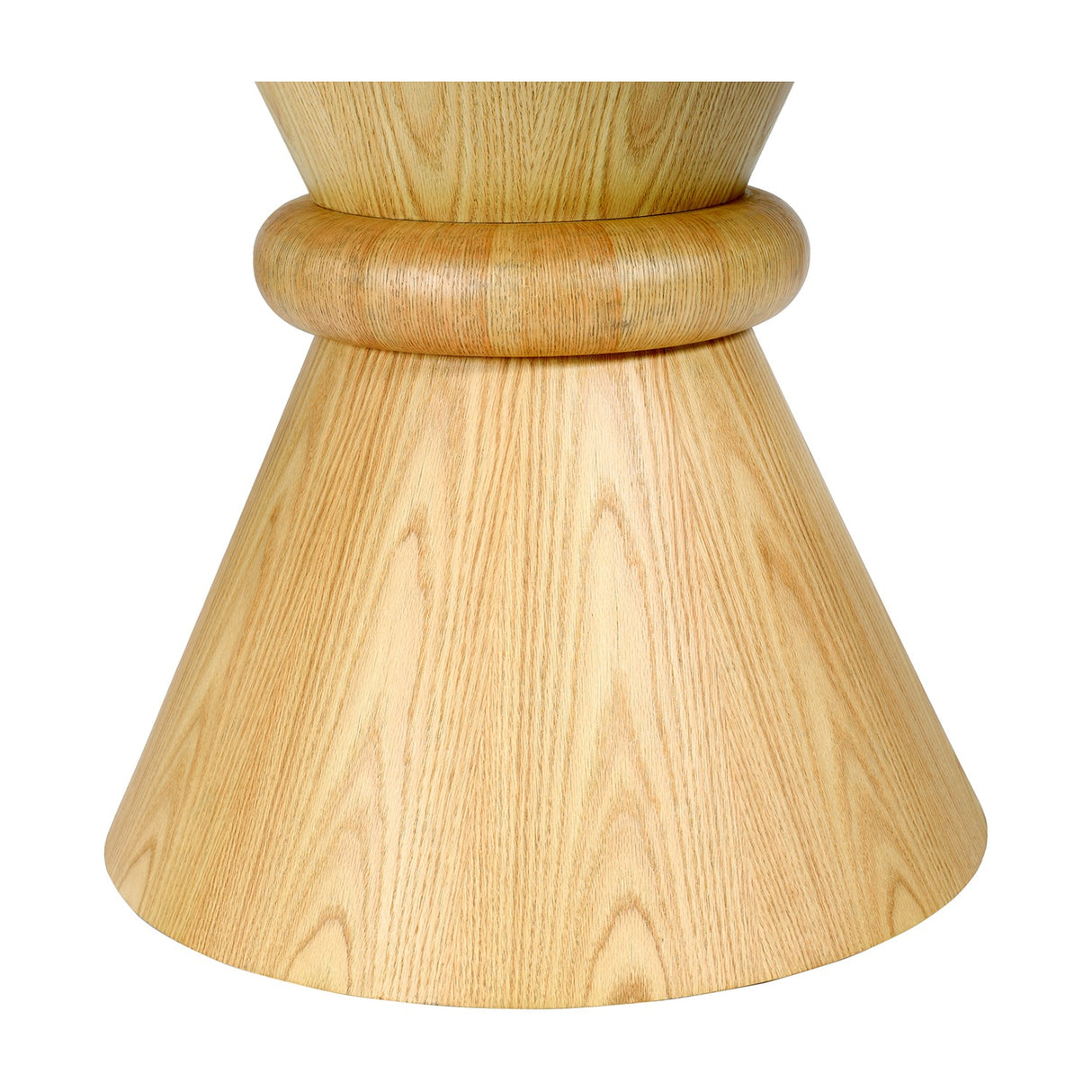 Close-up of the Libra Interiors Round Oak Veneer Pedestal Dining Table base, showing the sculptural twin-cone pedestal with rounded central ring in natural oak.