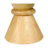 Close-up of the Libra Interiors Round Oak Veneer Pedestal Dining Table base, showing the sculptural twin-cone pedestal with rounded central ring in natural oak.