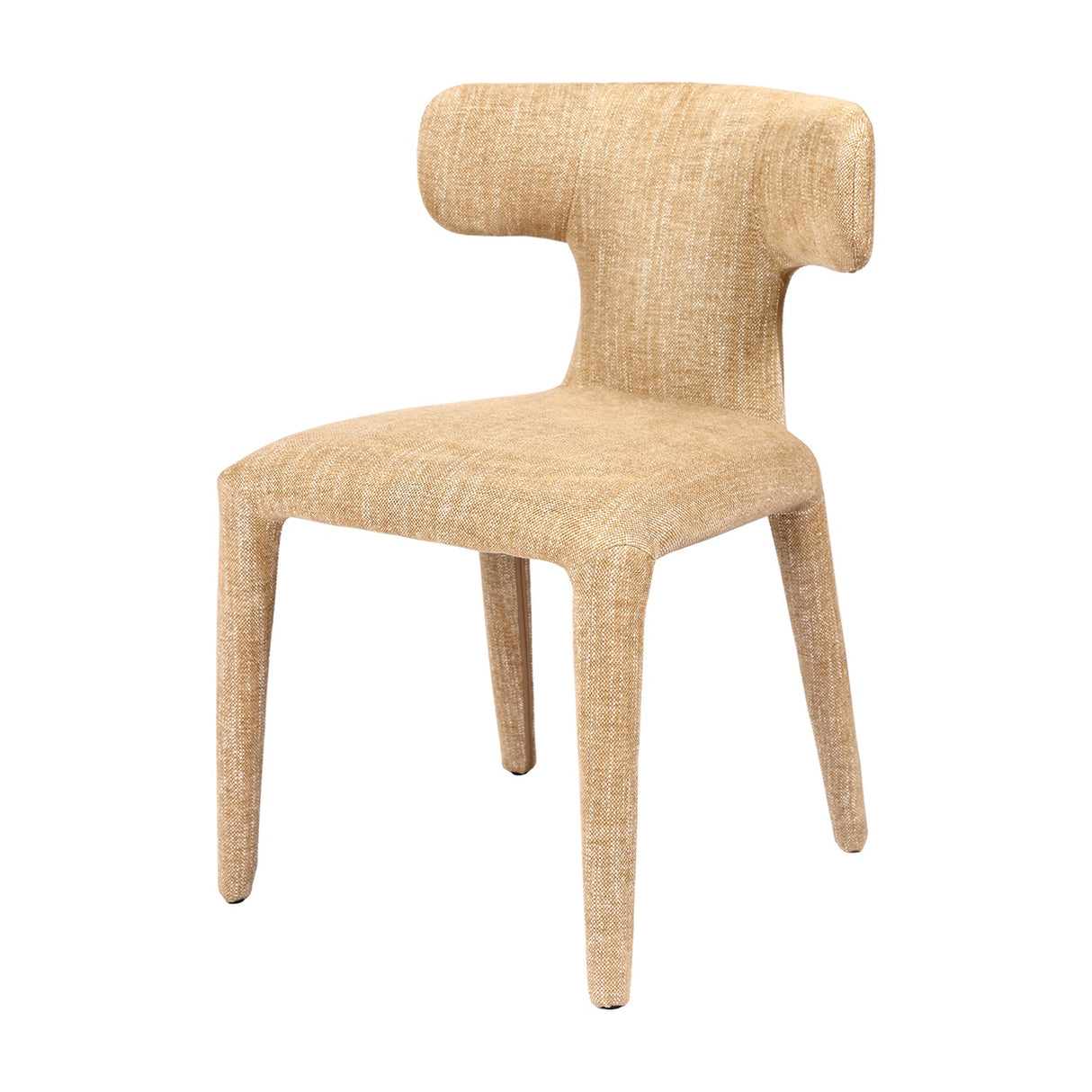 Libra Interiors Curved Back Upholstered Dining Chair in wheat woven fabric, with sculpted hammerhead backrest and slim upholstered legs on a plain background.