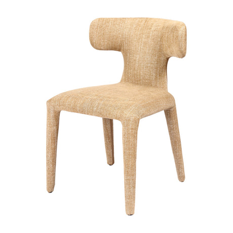 Libra Interiors Curved Back Upholstered Dining Chair in wheat woven fabric, with sculpted hammerhead backrest and slim upholstered legs on a plain background.