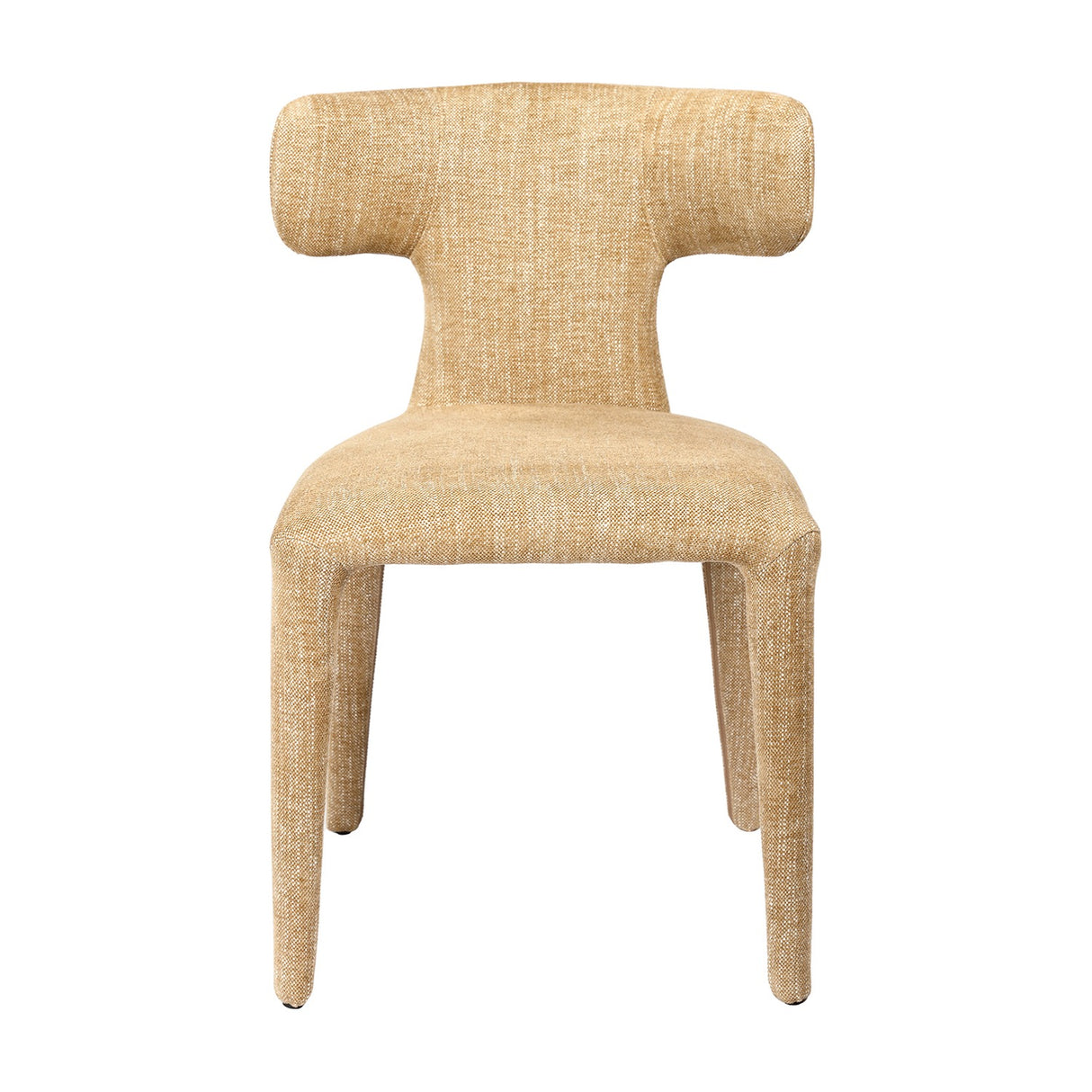 Libra Interiors Curved Back Upholstered Dining Chair in wheat woven fabric, front view showing sculpted T-shaped backrest and slim legs on a white background.