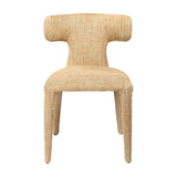 Libra Interiors Curved Back Upholstered Dining Chair in wheat woven fabric, front view showing sculpted T-shaped backrest and slim legs on a white background.