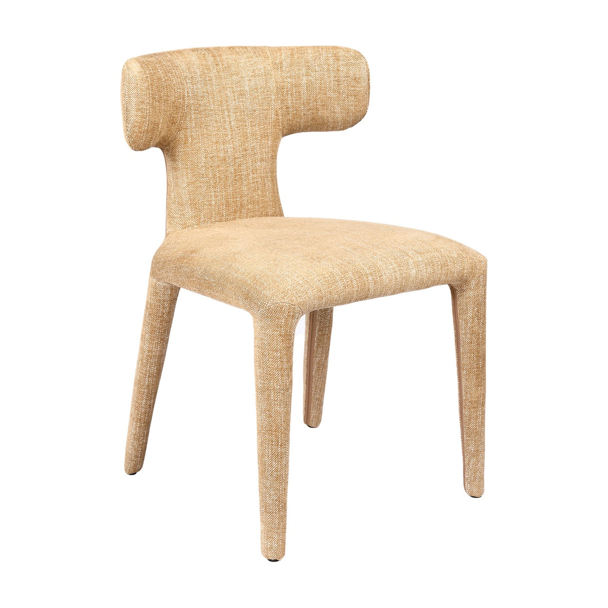 Libra Interiors Curved Back Upholstered Dining Chair in wheat woven fabric with sculpted backrest and fully upholstered legs, on a white background.