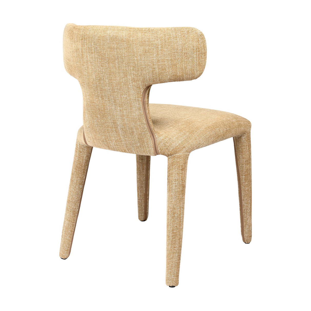 Libra Interiors Curved Back Upholstered Dining Chair in wheat woven fabric, rear angle showing sculpted wraparound backrest and fully upholstered legs.