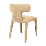 Libra Interiors Curved Back Upholstered Dining Chair in wheat woven fabric, rear angle showing sculpted wraparound backrest and fully upholstered legs.