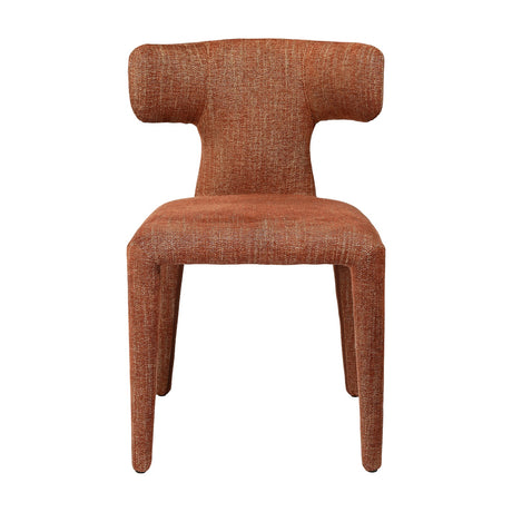 Libra Interiors curved-back dining chair fully upholstered in warm chestnut brown woven fabric with a sculpted rolled backrest and covered legs.