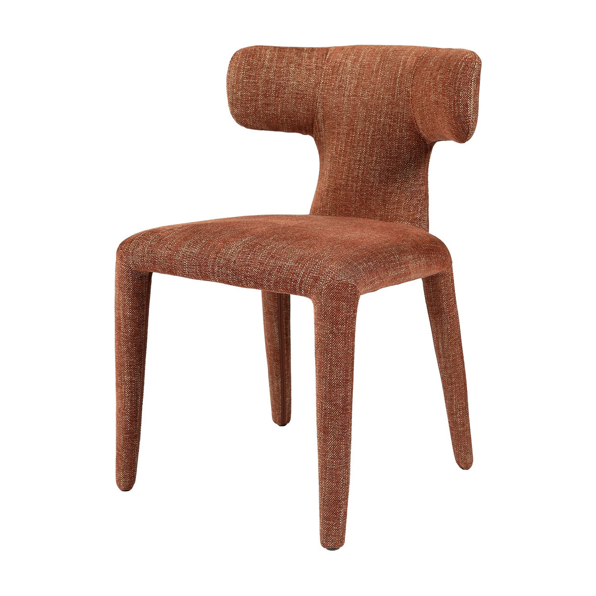 Libra Interiors Curved Back Fully Upholstered Dining Chair in textured brown fabric with rolled curved backrest and upholstered legs on a white background.