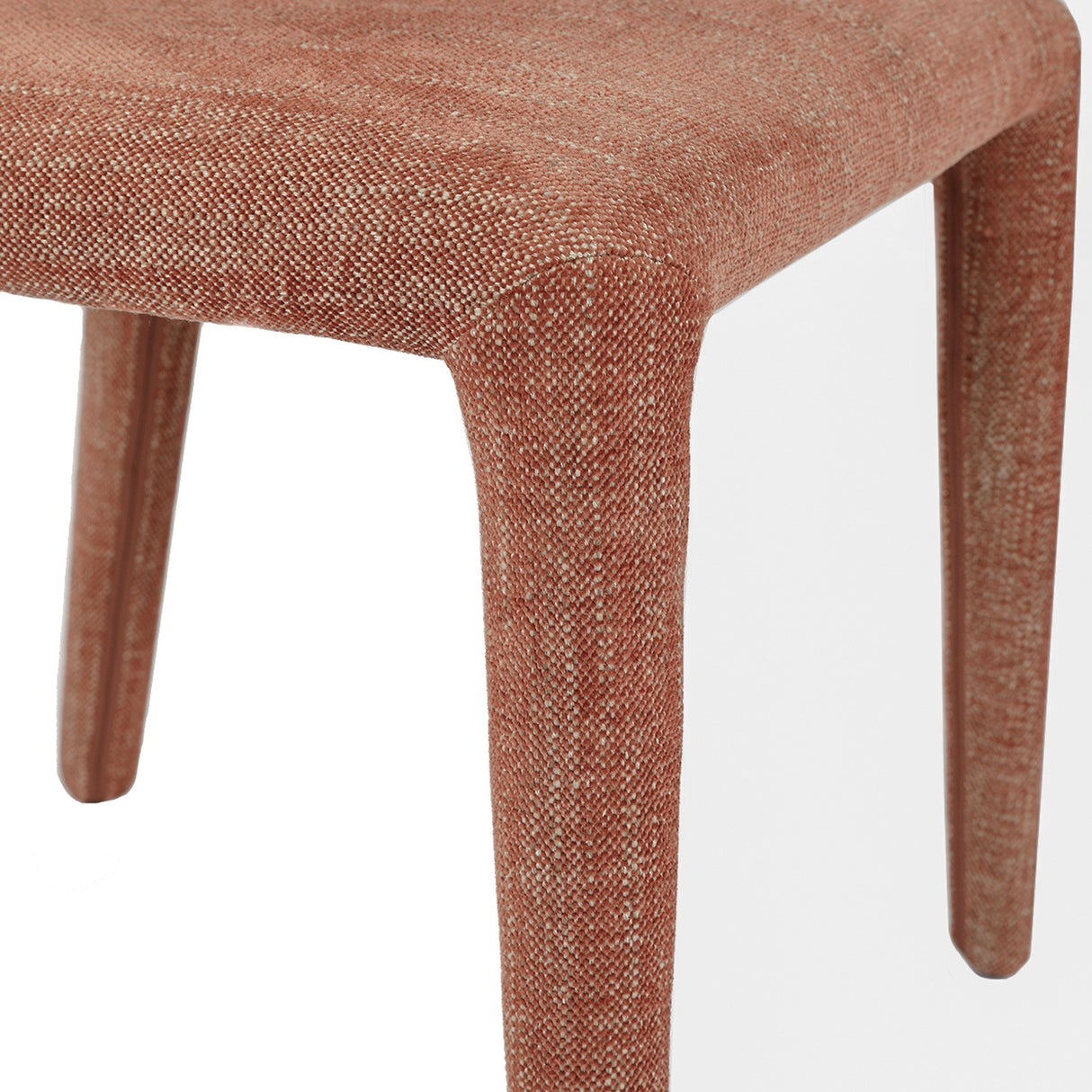 Close-up of the Libra Interiors Curved Back Fully Upholstered Dining Chair in warm brown woven fabric, showing the padded seat and tapered upholstered legs.
