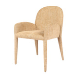 Libra Interiors fully upholstered carver dining chair in wheat beige textured fabric with curved high back, padded arms and concealed legs, on white.