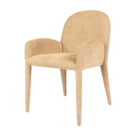 Libra Interiors fully upholstered carver dining chair in wheat beige textured fabric with curved high back, padded arms and concealed legs, on white.