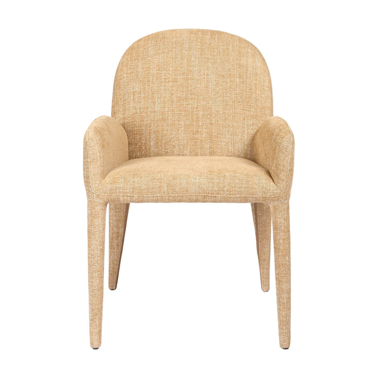 Libra Interiors fully upholstered carver dining chair in textured wheat beige fabric with rounded back, padded arms and concealed legs, on a white background.