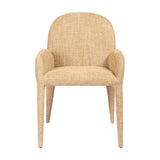 Libra Interiors fully upholstered carver dining chair in textured wheat beige fabric with rounded back, padded arms and concealed legs, on a white background.