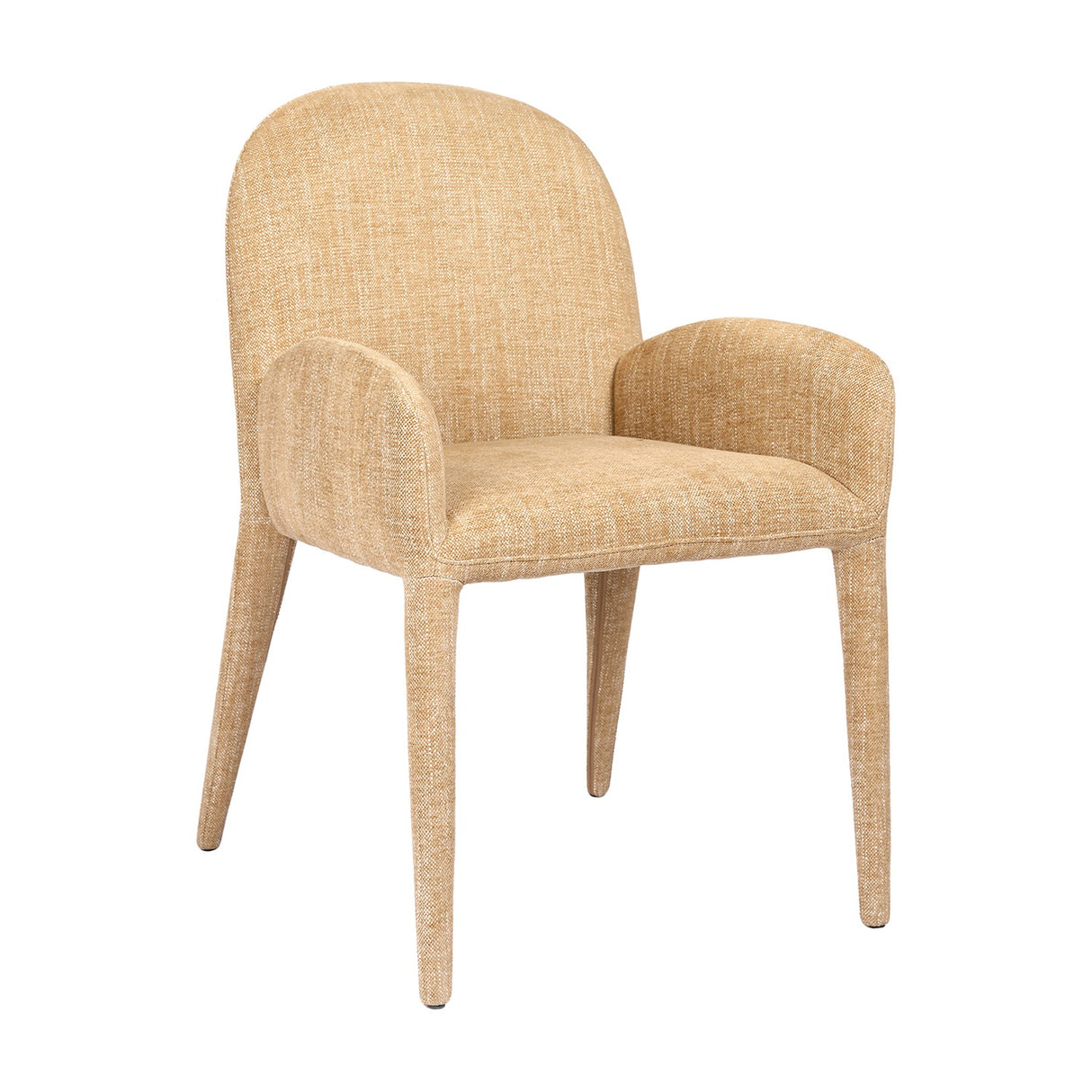 Libra Interiors wheat beige fully upholstered carver dining chair with rounded back, padded arms and concealed legs, shown on a plain white background.