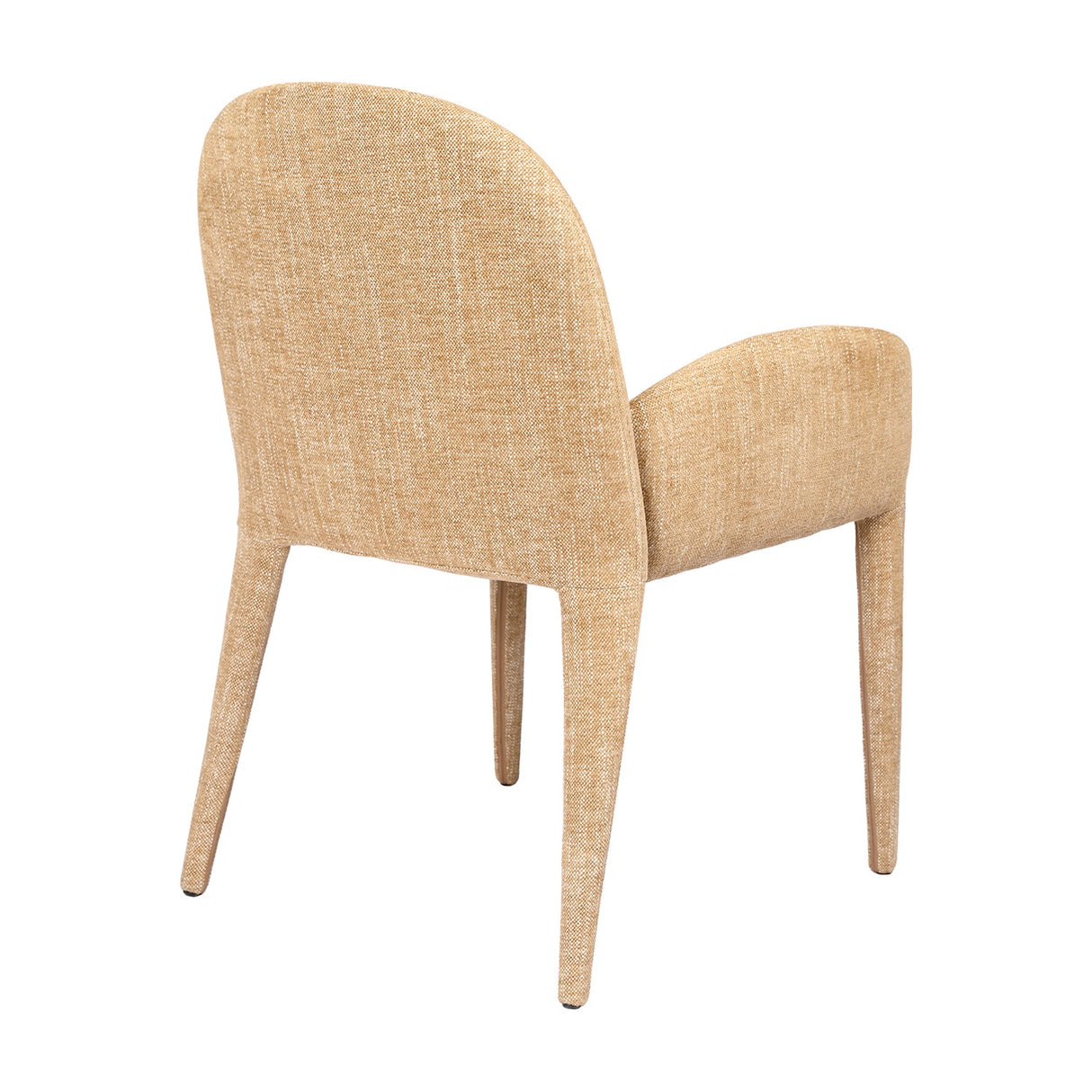 Libra Interiors wheat beige carver dining chair rear view with curved upholstered back, padded arms and slender fabric-covered legs on white.
