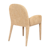 Libra Interiors wheat beige carver dining chair rear view with curved upholstered back, padded arms and slender fabric-covered legs on white.