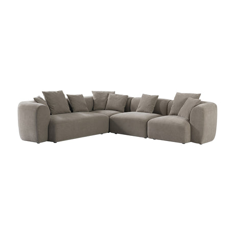 Libra Interiors Chenille 5-Piece Modular Sofa in natural beige, arranged in an L-shape with corner unit, ottoman and scatter cushions on a white background.