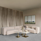 Libra Interiors Chenille 5-Piece Modular Sofa in beige styled in a contemporary living room with taupe curtains, marble side tables and landscape triptych.