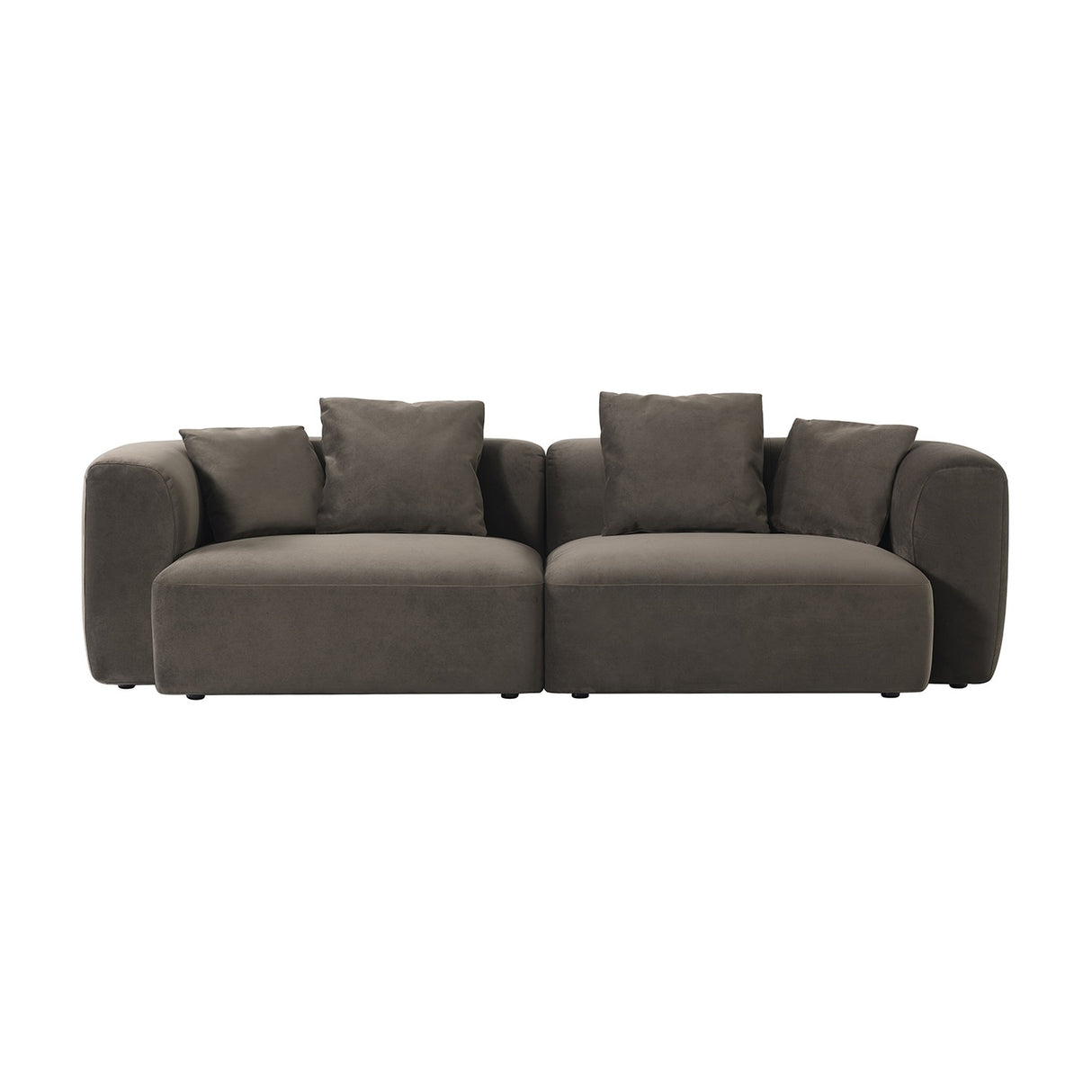 Libra Interiors Velvet Curved 2-Seater Modular Sofa in brown, shown as two rounded sections with deep seats and scatter cushions on a white background.