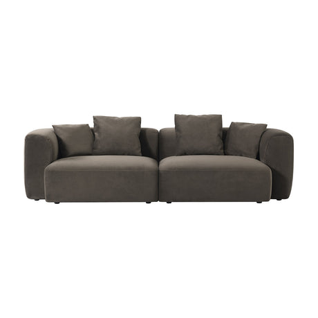 Libra Interiors Velvet Curved 2-Seater Modular Sofa in brown, shown as two rounded sections with deep seats and scatter cushions on a white background.